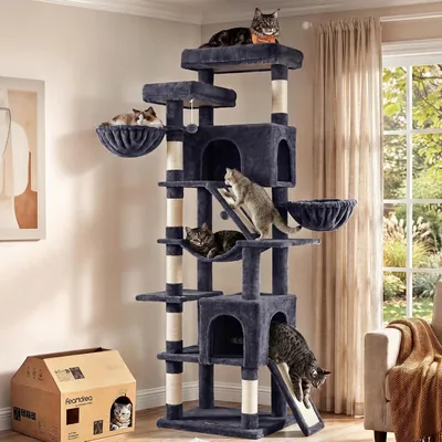 Árbol para Gatos Feandrea de Sisal, Torre con Rascador, 55 x 45 x 205 cm, Gris oscuro, Colección CLAWFY M