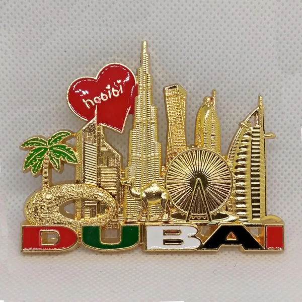 Metal Refrigerator Magnet | Dubai Iconic Landmarks, Cute Camel & Palm Tree | Best Gift for Friends & Family | 5 Colors and Various Design | Your Selection is >>>> (Design 1, Golden)