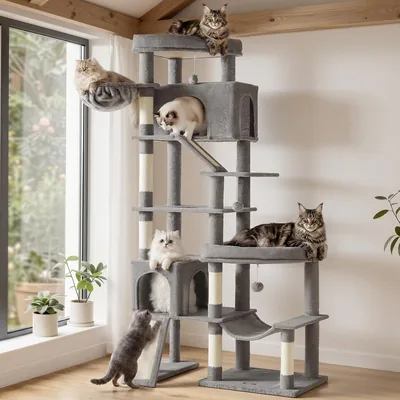 Árbol para Gatos Feandrea XXL, Torre con Rascador de Sisal y Casa, Gris Claro | CLAWFY M