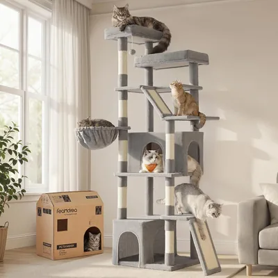 Feandrea Árbol para Gatos Grande, Torre con Rascador de Sisal, Mueble de Juegos y Casa, 55 x 45 x 185 cm, Gris Claro, Colección