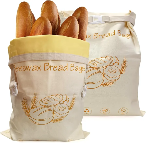 2-Pack Reusable Beeswax Bread Bags - Large 17x13 Inch for Sourdough & Homemade Bread Storage | All-Natural Beeswax Preservation, Eco-Friendly Cotton Food Bags - Easy to Clean & Dai