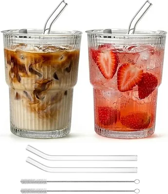 2 Pack Iced Coffee Cups Leak Proof Glass Tumbler with Lids & Straws Best Deal