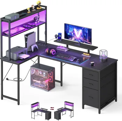 Escritorio de juegos VASAGLE L-Desk con luces LED y cajones | Colección BARNET LWD163B101