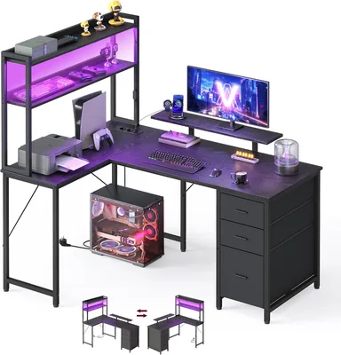 Bureau de jeu réversible VASAGLE LWD162B101, prises USB et LED, étagères angulaires, 3 tiroirs, 140 x 1