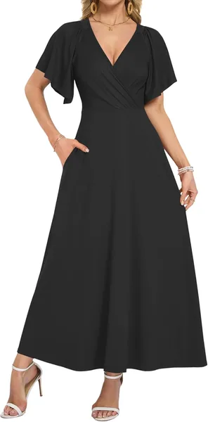 WNEEDU Summer Maxi Dresses for Women 2026 Deep V Neck Ruffle Sleeve Sundress Casual Flowy Formal Dress with Pockets (L-3XL), CAD 39.99