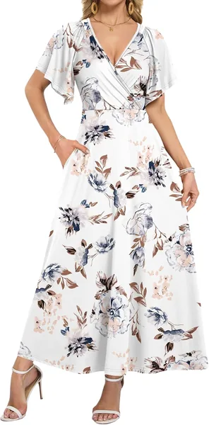WNEEDU Summer Maxi Dresses for Women 2026 Deep V Neck Ruffle Sleeve Sundress Casual Flowy Formal Dress with Pockets