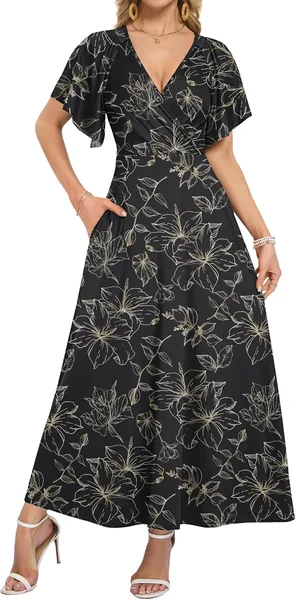 WNEEDU Summer Maxi Dresses for Women 2026 Deep V Neck Ruffle Sleeve Sundress Casual Flowy Formal Dress with Pockets