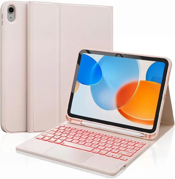 Nathhab Arabic/English Keyboard Case for iPad 10th Generation,Multi-Touch Trackpad,7 Color Backlit,Flip Stand Case, 2 Wireless Channels,Detachable Keyboard for iPad (A16) 11th/10th