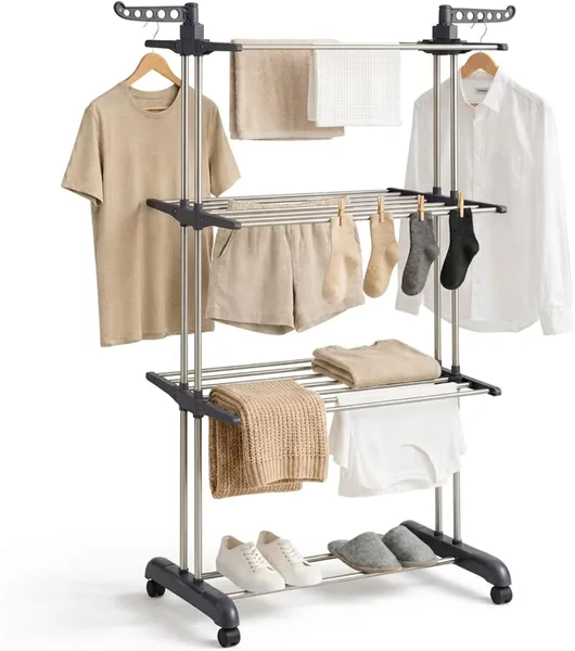edihome Folding Clothes Airer, 4 Levels with Side Wings, Stainless Steel, 35 kg Capacity, with Wheels, Space Saving, Indoor and Outdoor (Grey)