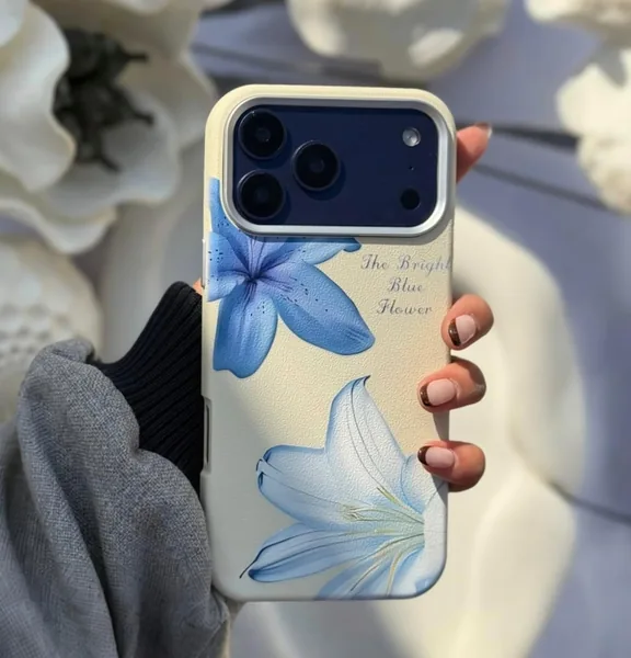 Fekra Luxury Blue Flower Case for iPhone 17 Pro Max Camera Lens Protector Included