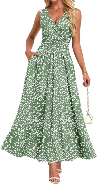 AUSELILY Womens Summer Casual Dress 2026 V Neck Sleeveless Floral Boho Maxi Dresses Flowy Beach Sundress with Pockets