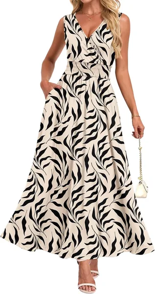 AUSELILY Women's Summer Casual Dress V Neck Sleeveless Floral Boho Maxi Dresses Flowy Beach Sundress with Pockets