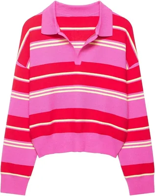 Suéter de punto a rayas Bozanly para mujer, cuello polo, manga larga