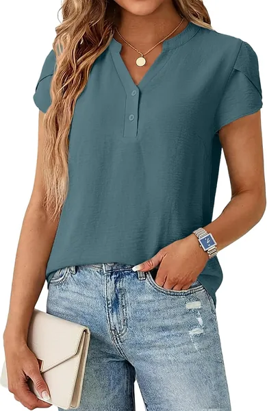 Qixing Womens Dressy Casual Henley Tops Summer V Neck Business Work Shirts Cap Sleeve Blouses Vacation