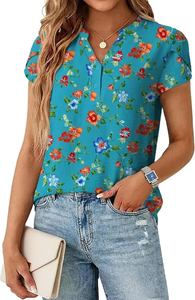 Qixing Womens Dressy Casual Henley Tops Summer V Neck Business Work Shirts Cap Sleeve Blouses Vacation