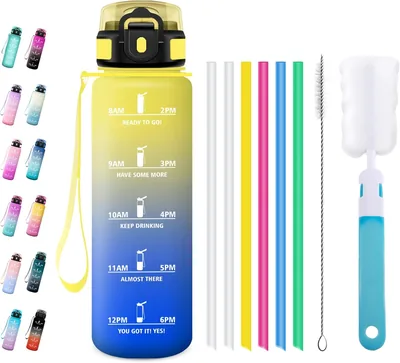 Bottiglia d'acqua sportiva JAPORIA 1L con beccuccio impermeabile e indicatore di tempo per scuola, ufficio e lavoro - Best Deal