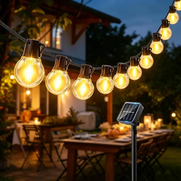 Éclairage solaire à chaîne extérieur, 12 m, 20 ampoules G50, 8 modes, résistant aux intempéries pour jardin, balcon, terrasse, fête, mariage - Meilleur Prix