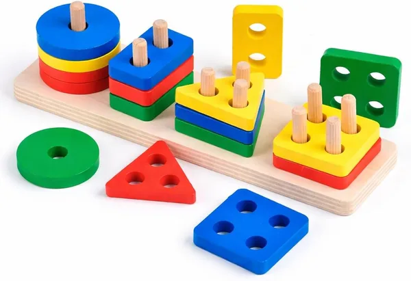 Brinquedo Educativo Encaixe Formas Geom tricas Multicoloridas em Madeira MDF, Jogo Pedag gico Infantil 3+, 4 Colunas Premium