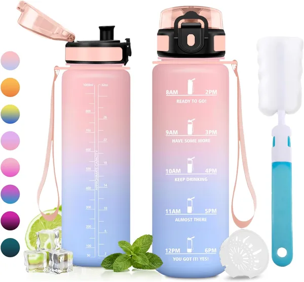 Bouteille de sport JAPORIA 1L, avec marqueur horaire, sans BPA, bouteille motivante avec filtre, pour la randonnée, Offre