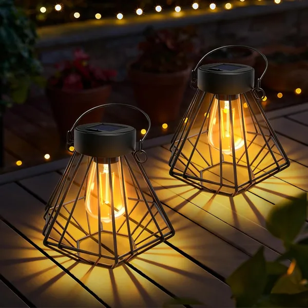 2 Pieces Solar Lanterns Outdoor Hanging/Standing, Metal Outdoor Solar Lanterns, IP65 Waterproof Outdoor Solar Lamp, Decorative Outdoor Solar Lamps for Garden, Balcony, Terrace, Por
