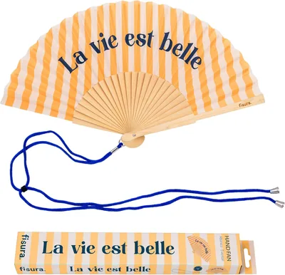 Fisura Original Fan 'La Vie EST Beautiful' - Ventilateur Moderne et Coloré en Bois - Motifs Jaunes - Crochet Inclu - Amusant
