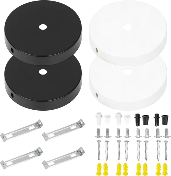 Set 4 Rosone per Lampadario da Soffitto 10cm, Base Circolare in Metallo per Lampade a Sospensione e Parete, Staffa di Montaggio Inclusa, Kit Copri Fili per Cucina e Soggiorno