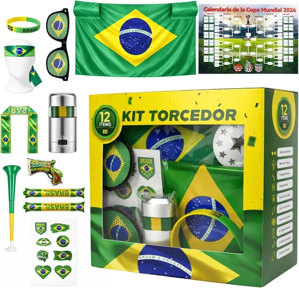 Kit Torcedor Brasil Copa 2026 - 12 Pe as: Pulseira, culos, Bandeira, Pintura Facial, Bast o Infl vel, Trompete, Pistola