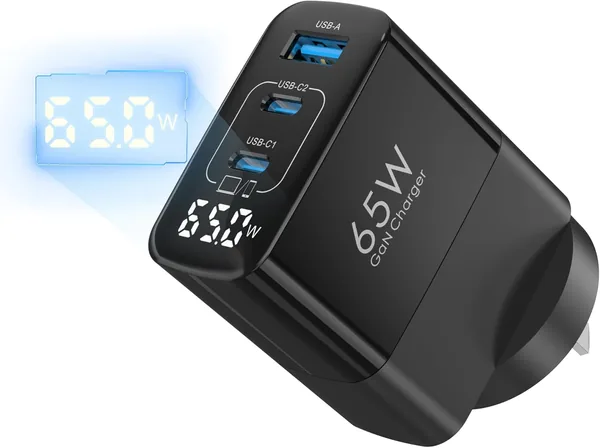 TOPADRE 65W USB C Charger Block with Display, 3 Ports GaN Charger