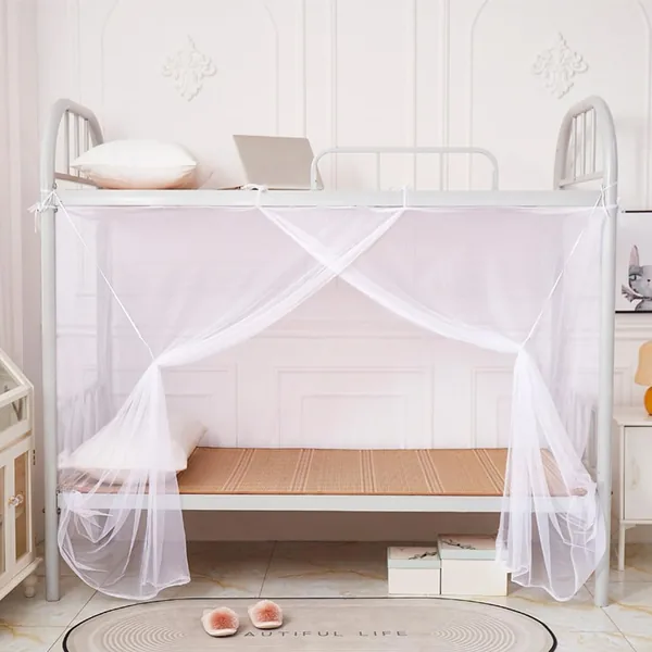 Goodern Student Dormitory Mosquito Net,4 Corners Fine Meshes Anti Mosquito Net,Dormitory Upper & Lower Berth Mosquito Nets with Hook Tether Dustproof Cloth Top Canopy Netting for H