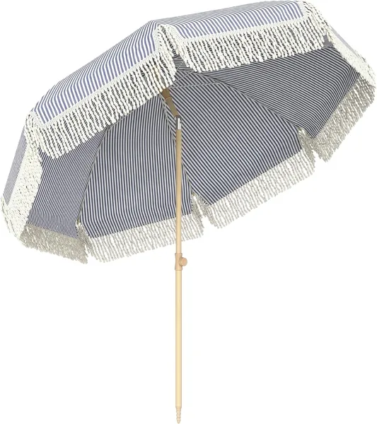 Outsunny 1.7 m Beach Umbrella with Sand Anchor, 30 Tilting Fringed Beach Garden Parasol with Adjustable Height