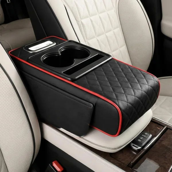 Auto Family Car Seat Armrest Organizer with Cup Holder - PU Leather Center Console Storage Box, Car Seat Gap Organizer, Multi-Function Armrest Cushion with Storage for Phone, Drink