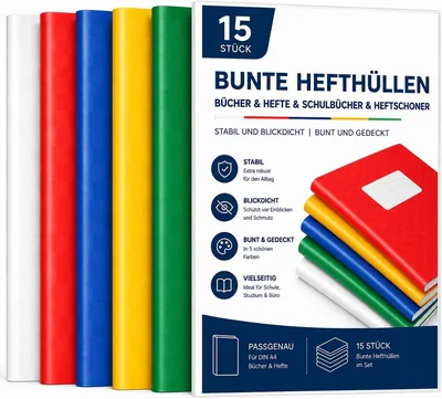 Pack mit 15 farbenfrohen Buchumschlägen & Umschlägen A4