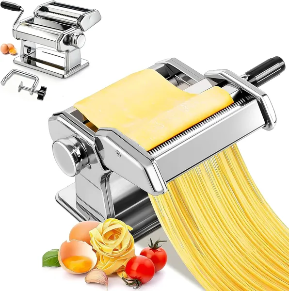 Silver Pasta Maker, 2-in-1 Noodles Maker with Rollers and Cutter