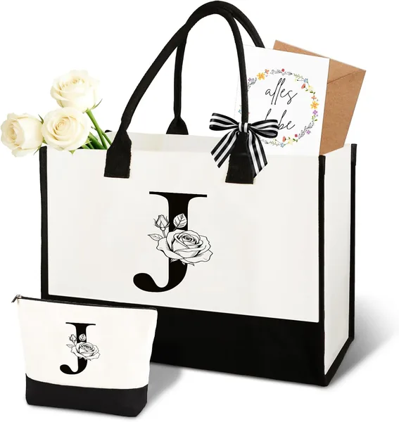 Anruzon Gifts for Women - Personalised Initial A-Z Canvas Shopping Bag & Cosmetic Bag, Greeting Card