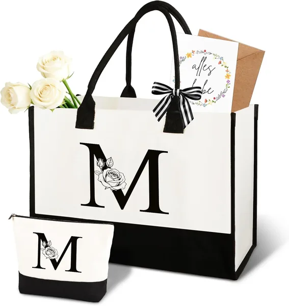 Anruzon Gifts for Women - Personalised Initial A-Z Canvas Shopping Bag & Cosmetic Bag