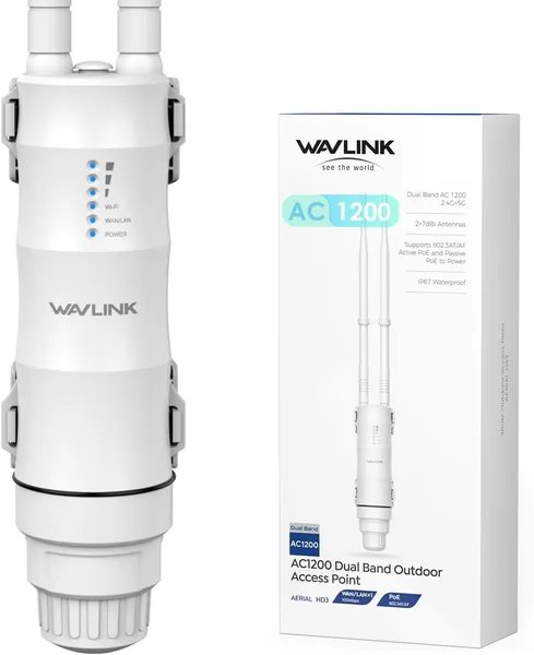 WAVLINK AC1200 Repetidor WiFi Exterior de Largo Alcance PoE - Amplificador de Señal Dual Banda 2.4G+5G IP67 Impermeable, Punto de Acceso Exterior