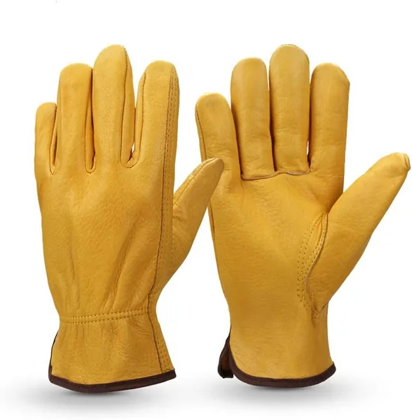 SparkSkies Leather Work Gloves Cowhide Thorn Proof for Gardening Mechanic and Building with Clip Glove Holder 1 Pair