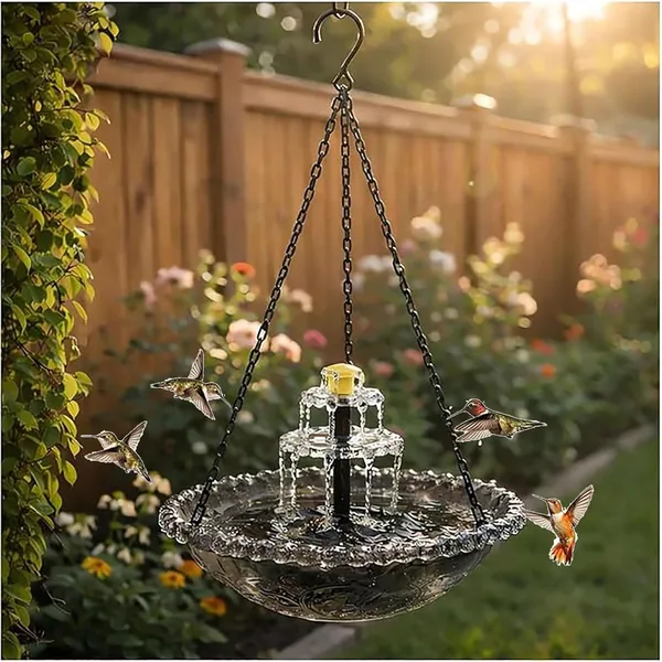 Solar Cascade Hanging Bird Bath Fountain with Glass Bowl