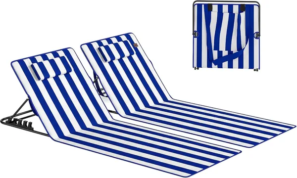 Outsunny Set of 2 Beach Mats with Adjustable Backrest on 4 Levels, Headrest and Side Pocket, Folding Beach Beds in Steel and Polyester, 154 x 57 x 52 cm, Blue and White