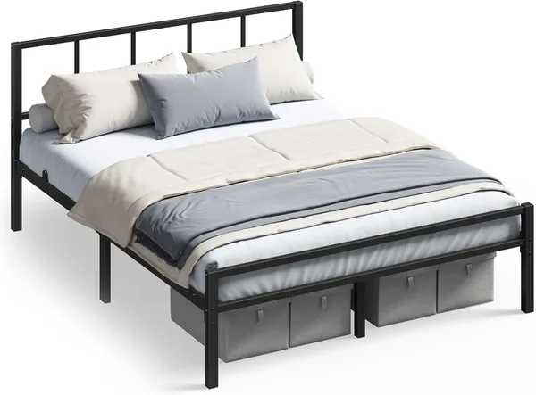 VASAGLE Double Bed, 135 x 190 cm, Headboard, Metal Frame, Load 500 kg