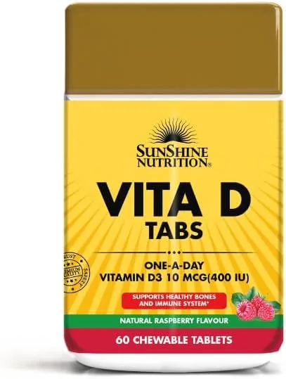 Sunshine Nutrition Vita D Chewable 400 IU - 60 Chewable Tablets | Vitamin D3 for Bone Strength, Immunity & Healthy Growth | Delicious Raspberry Flavor