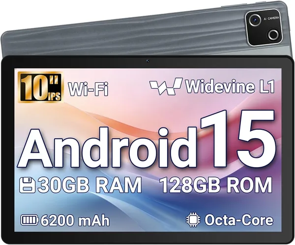 Wqplo 10 Pouces Tablette Android 15, 30 Go RAM + 128 Go ROM (2 To TF), Octa-cœur, 6200 mAh, HD 1280x800, WiFi 6, BT 5.3 - 28% de réduction