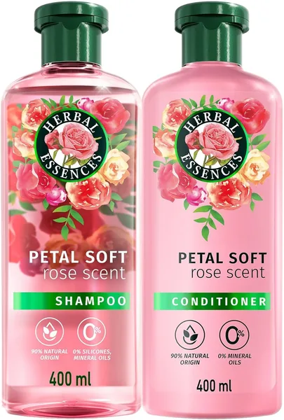 Herbal Essences Petal Soft Shampoo & Conditioner, Rose Scent, 90% Natural Origin, Soft & Smooth Hair, 400ml + 400ml, Pack of 2