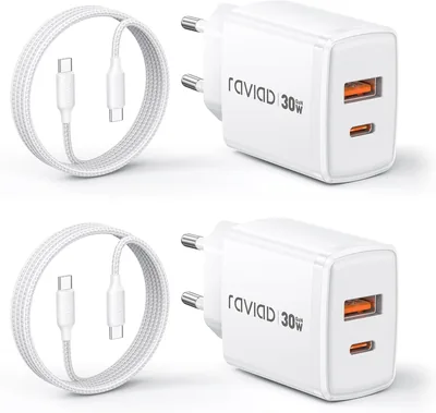 RAVIAD 30W USB C Ladegerät, 2er-Set, GaN Schnelllader mit 2m USB C Kabel, 2-Port-Stromversorgung für iPhone 17 - 39% Rabatt