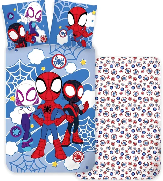 BrandMac Spidey & Friends Kids Bettlakan | Duvetcover 140x200 cm + Kvalnad 50x70 cm, 100% Cotton | Soft och Luftig - 9% Avrinkt