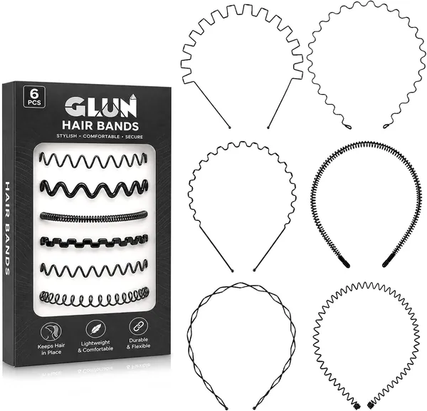 GLUN® का ब्लैक मेटल ज़िग-ज़ैग हेयर बैंड सेट, 6 पीस - लड़कों और लड़कियों के लिए गैर-स्लिप वेवी हेडबैंड, खेल और योग के लिए