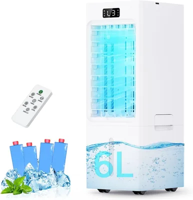 Climatiseur Mobile 4 en 1, Rafraîchisseur d'Air, 6L, Minuterie 1-12H, 3 Vitesses, 4 Modes, Pack Glacons 4 pièces, Télécommande