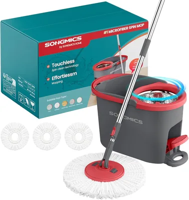 Mopa y cubo SONGMICS con drenador giratorio, mango telescópico de 122.5 a 150 cm, cabezal giratorio 360°, 3 microfibras - Mejor Oferta