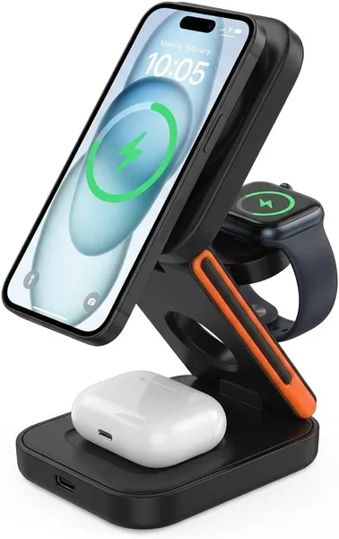 Chargeur sans fil 3 en 1 magnétique de 15W - Station de charge compacte et portable compatible avec iPhone 17/16/15/14/13/12 S