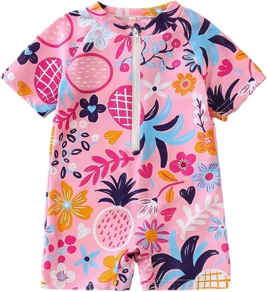 Baby Girl Swimsuit Short Sleeve One Piece Swimwear Front Zipper Rash Guard Sunsuit Bathing Suit for Beach Pool Swimming Summer Vacation Comfortable Baby Swimming Costume 2